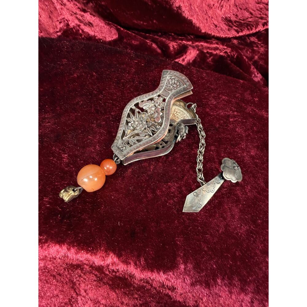 Antique Silver Needle Case Pendant Chatelaine Carnelian Bead Late Qing Dynasty - Picture 14 of 15